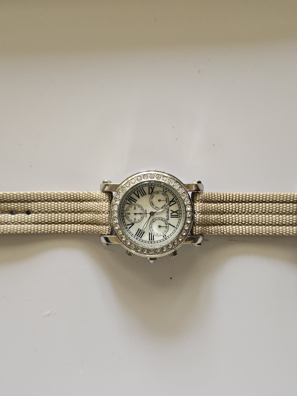 Crystal Bezel Ivory Strap Chronograph Watch